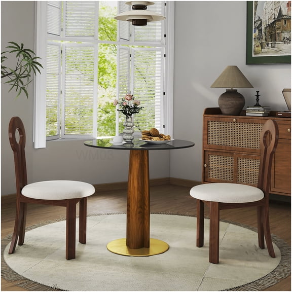 Gold Base Round Kitchen Table with Tempered Glass Top for Two Person Dining