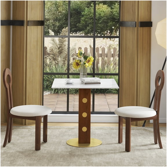 Gold Base Square Table with Sintered Stone Top, Modern Kitchen Table for Two, Walnut/White Finish