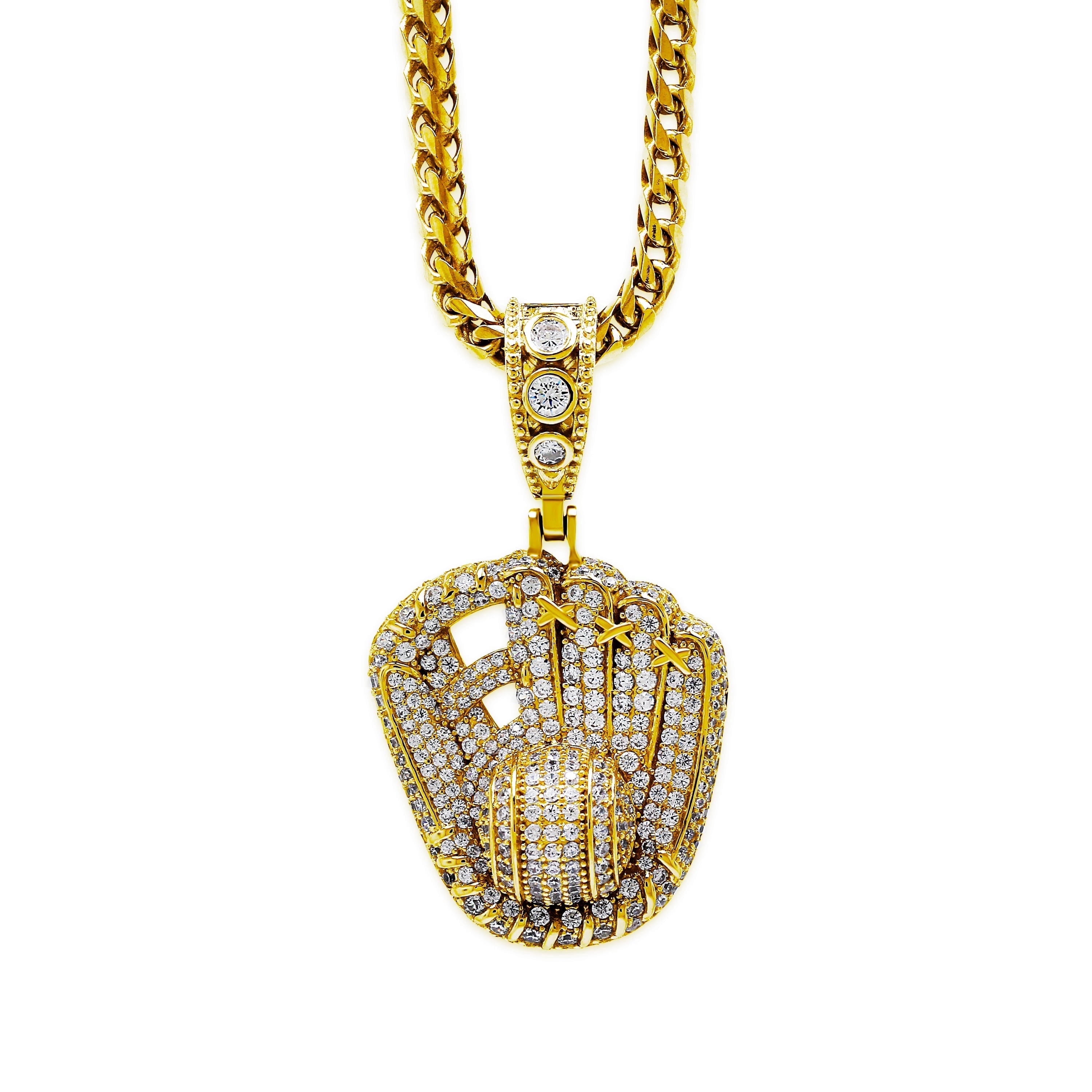 Gold Baseball Glove Pendant Necklace -  Gold Plated 925 Sterling Silver with Cubic Zirconia Stones- Baseball Player Jewelry