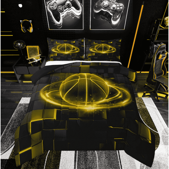 Gold Basketball Comforter Sets Twin Size Teens Adults,3D Neon Grid Bedding Set,Sports Lover Bed Set,Athletic Sports Down Comforter Bedroom Decor