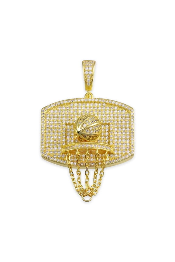 Gold Basketball Hoop Pendant with Cubic Zirconia Stones - 925 Sterling Silver/Gold Plated - Sports Jewelry - Hiphop Jewelry
