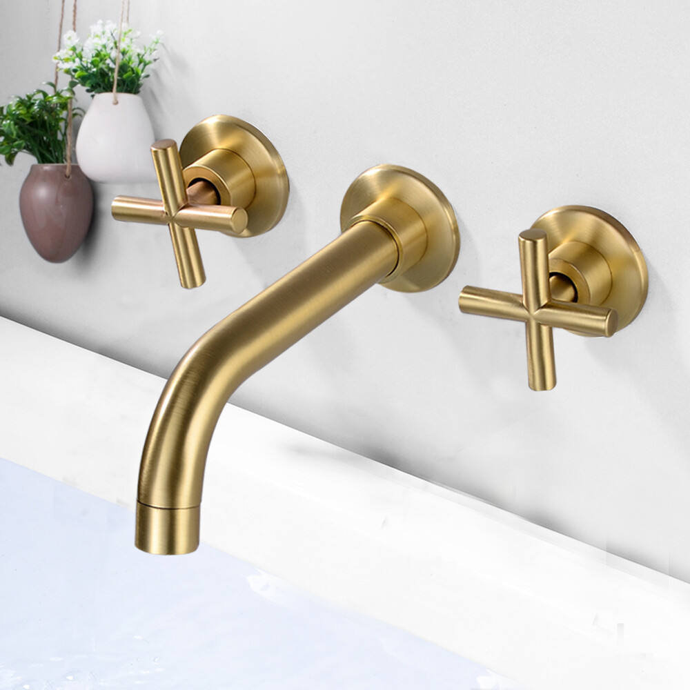 Gold Bathroom Brass Faucet Sink Tub Wall Mounted 3-Hole Dual Handle Mixer Tap for Home Bathrooms