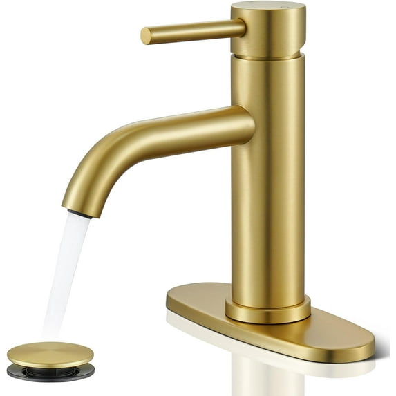 Gold Bathroom Faucet, Single Hole Bathroom Faucet with Pop-up Drain and Flexible Hoses, Single Handle for Sink, Vanity, RV, Modern Farmhouse, Suitable for 1 Hole or 3 Hole