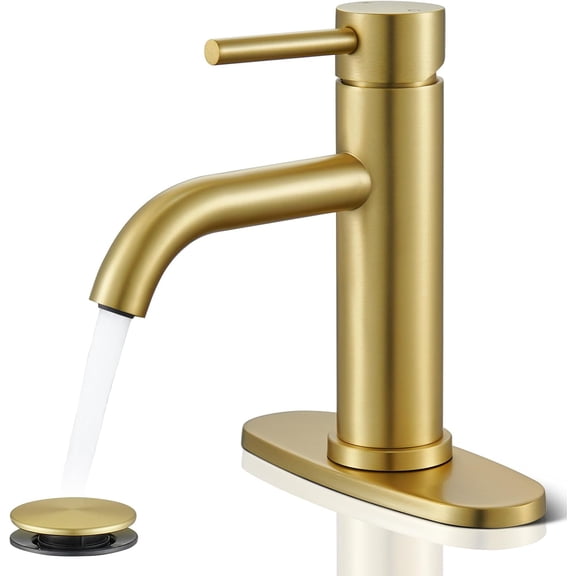Gold Bathroom Faucet, Single Hole Bathroom Faucet with Pop-up Drain and Flexible Hoses, Single Handle for Sink, Vanity, RV, Modern Farmhouse, Suitable for 1 Hole or 3 Hole