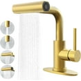 thumbnail image 1 of Gold Bathroom Faucet with Sprayer - Brushed Gold Bathroom Faucets for Sink 1 Hole or 3 Holes, 4 Mode Single Handle Vanity Faucet Waterfall Bathroom Faucet with Pull Down Sprayer (No Drain), 1 of 7