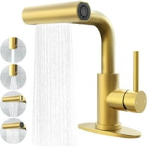 Gold Bathroom Faucet with Sprayer - Brushed Gold Bathroom Faucets for Sink 1 Hole or 3 Holes, 4 Mode Single Handle Vanity Faucet Waterfall Bathroom Faucet with Pull Down Sprayer (No Drain)
