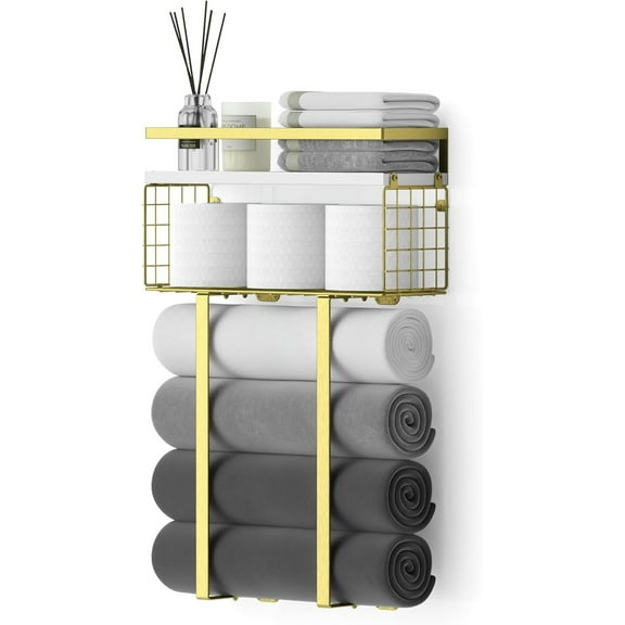 Gold Bathroom Floating Shelves with Towel Rack - Over Toilet Storage with Paper Holder & Basket, Wall Decor