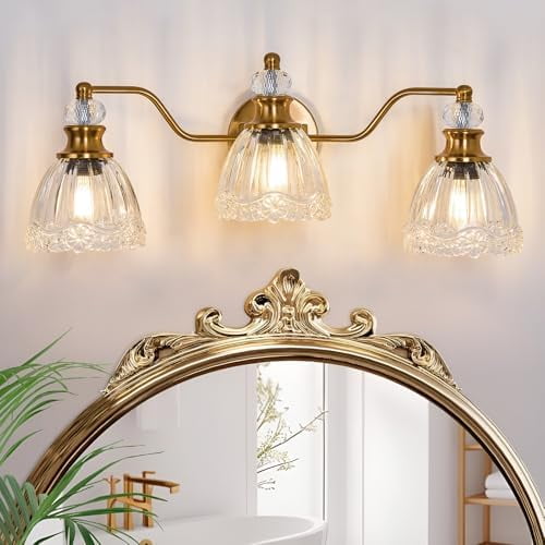 Gold Bathroom Light Fixtures Over Mirror Vintage Brass Vanity Light 3 Light Crystal Glass Shade Matte Antique Brass Finish$$Tools & Hardware Other