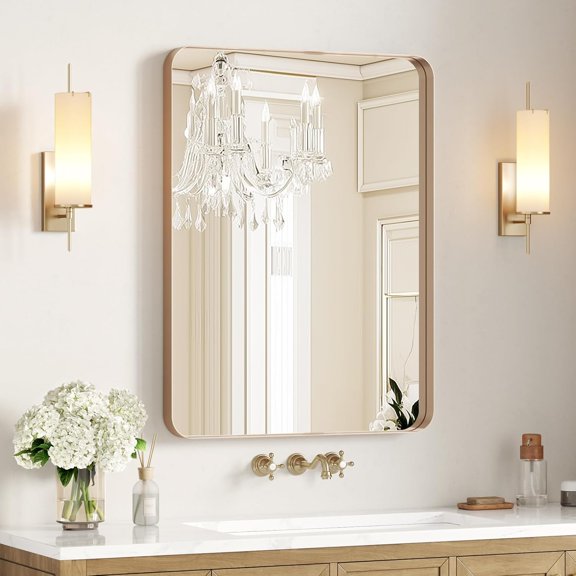 Gold Bathroom Mirror 24"x36", Brushed Gold Rounded Rectangle Mirror for Over Sink, Aluminum Frame, Anti-Rust, Tempered Glass, Horizontal or Vertical Mounted