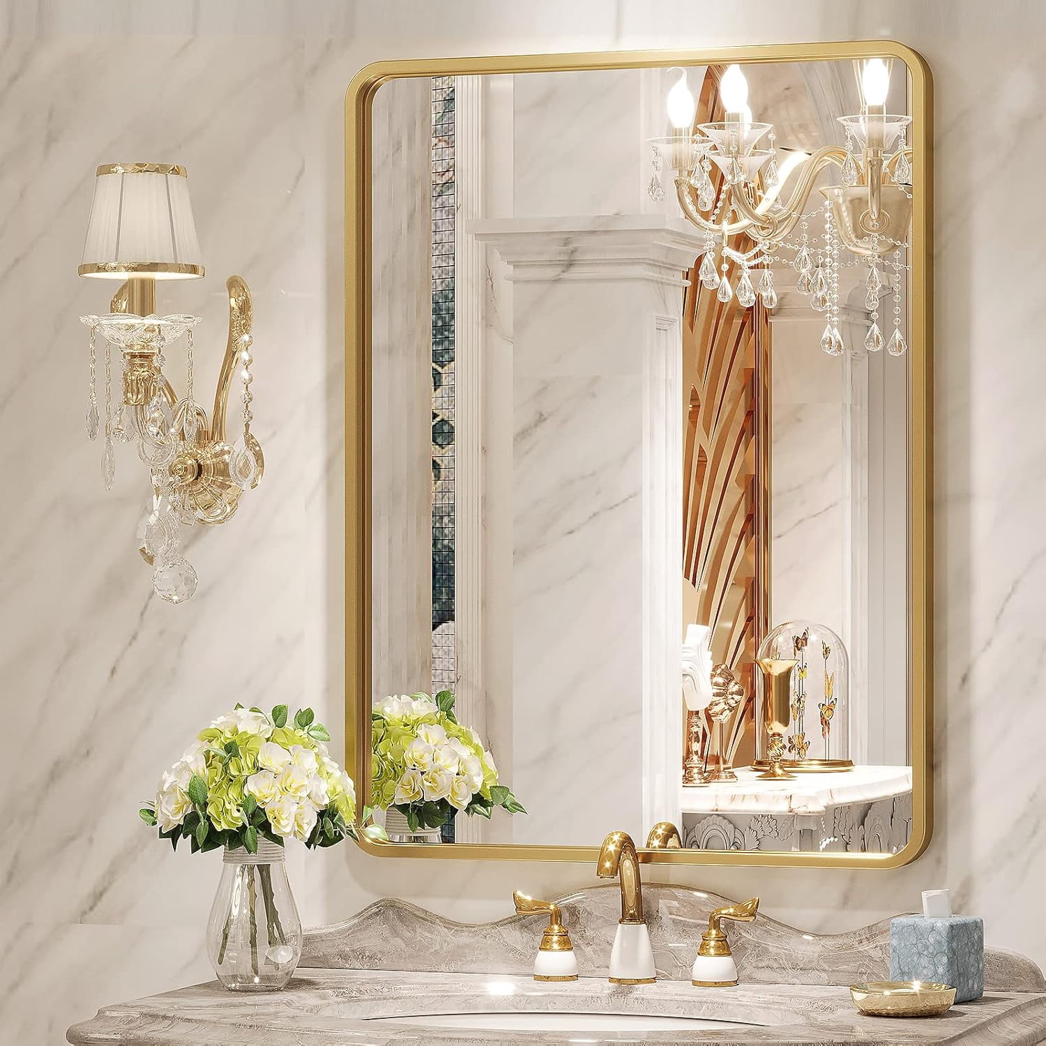 Gold Bathroom Mirror for Wall, 22x30 Inch Rectangular Gold Metal Framed ...
