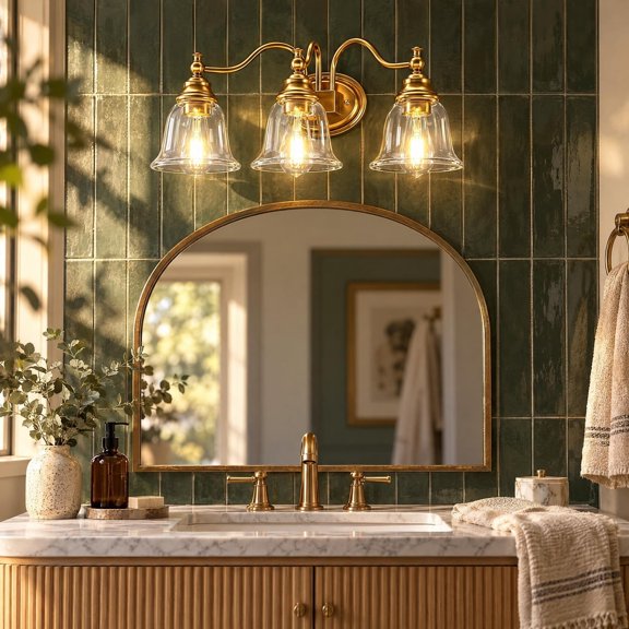 Gold Bathroom Vanity Light, Three-Light Clear Glass Bell Shades