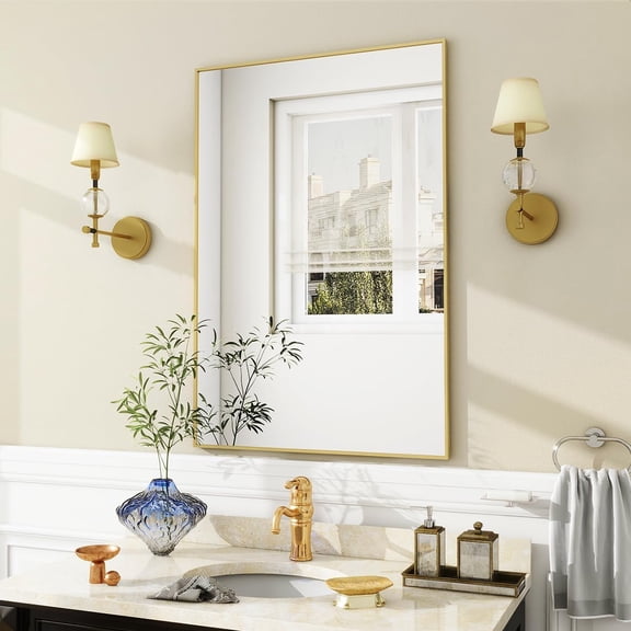 Gold Bathroom Wall Mirror - 28" x 40" Rectangular Mirror with Metal Frame, Hangs Horizontal or Vertical for Living Room Bedroom Bathroom Entryway
