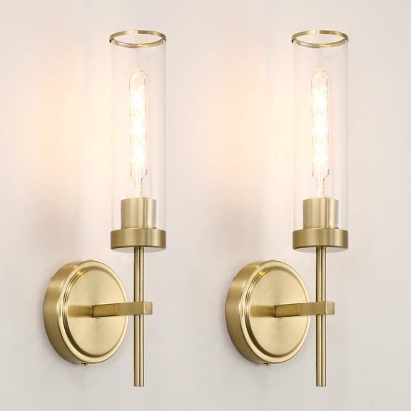 Gold Bathroom Wall Sconces Set of 2, Modern Wall Sconces Set of Two Hardwired, Bathroom Vanity Light Fixtures with Clear Glass, Gold Wall Mounted Lights for Living Room Corridor Mirror Bedroom Stairs