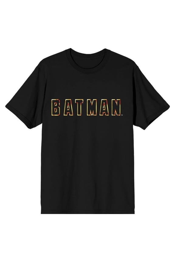 Gold Batman Block Letter Logo Men's Black T-shirt-XL