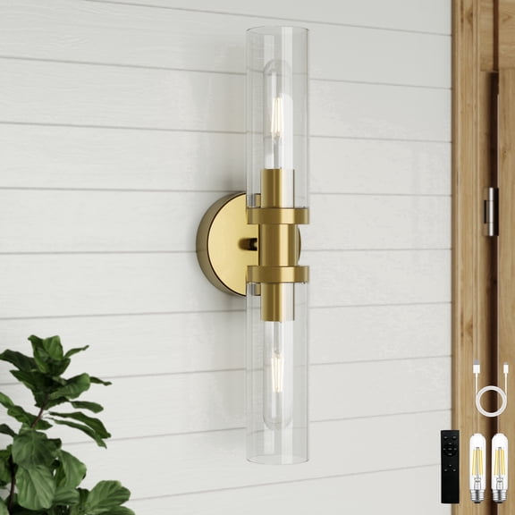 Rechargeable Battery-Operated Wall Sconce, 8000mAh Cordless Wall Light with Dimming and Timer Functions, Gold with Clear Glass Shades, Bulbs Included for Living Rooms and Bedrooms 1 Pack)