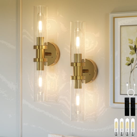 Rechargeable Battery-Operated Wall Sconce, 8000mAh Cordless Wall Light with Dimming and Timer Functions, Gold with Clear Glass Shades, Bulbs Included for Living Rooms and Bedrooms 2 Pack)