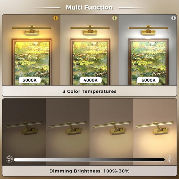 Gold Battery Operated Wall Sconce with Remote - 3CCT Picture Lights for Wall, 270° Rotatable Lamp for Aura Frame Or Under Cabinet Lighting with Remote and Timer