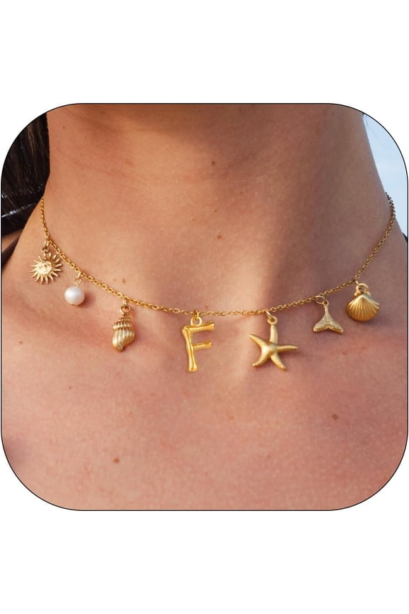 Gold Beach Charm Necklace for Women Summer Shell Charm Necklaces 18K Gold Plated A-Z Initial Dainty Chunky Seashell Starfish Letter Pendant Boho Surfer Name Jewelry Gifts[n155]