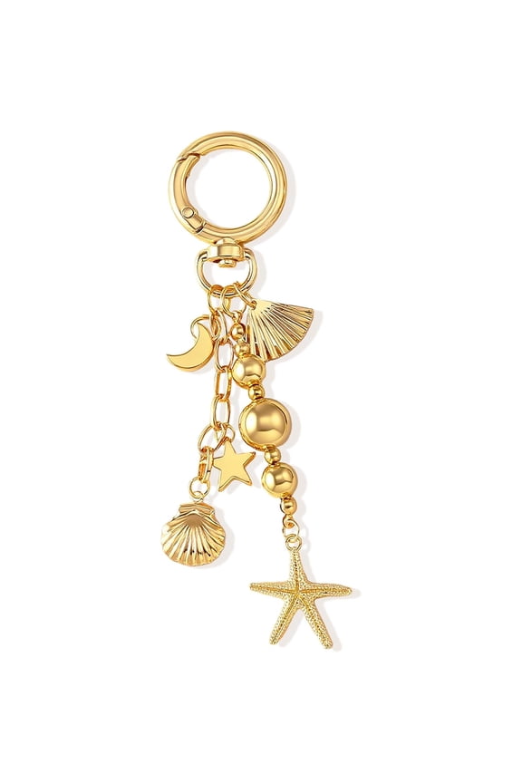 Gold Beach Keychain Ocean Charm with Starfish Shell & Pearl, Coastal Style Bag Charms for Purses & Backpacks, Vacation Themed Gift for Women, Summer Sea Themed Accessories