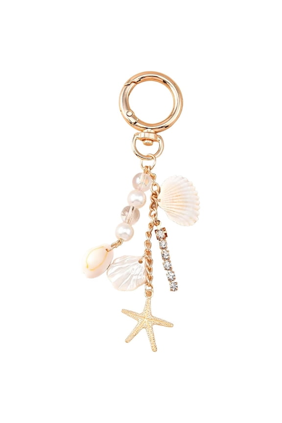 Gold Beach Keychain Ocean Charm with Starfish Shell & Pearl, Coastal Style Bag Charms for Purses & Backpacks, Vacation Themed Gift for Women, Summer Sea Themed Accessories