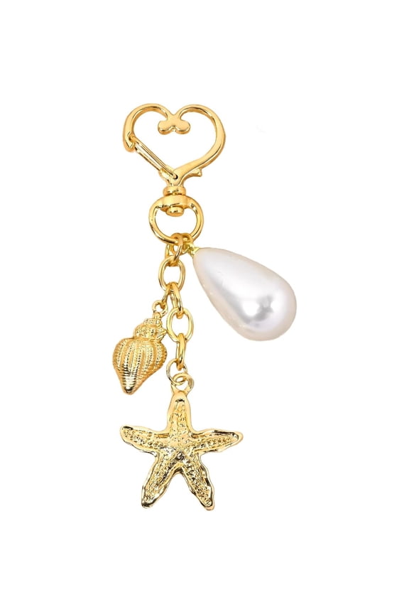 Gold Beach Keychain Ocean Charm with Starfish Shell & Pearl, Coastal Style Bag Charms for Purses & Backpacks, Vacation Themed Gift for Women, Summer Sea Themed Accessories