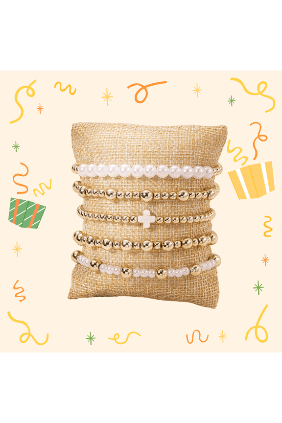 Gold Beaded Bow Paperclip Cross Pearl Bracelet Set Non Tarnish Stretch Chunky Stack for Women Teen Girls Christmas Jewelry Gifts Stocking Stuffers