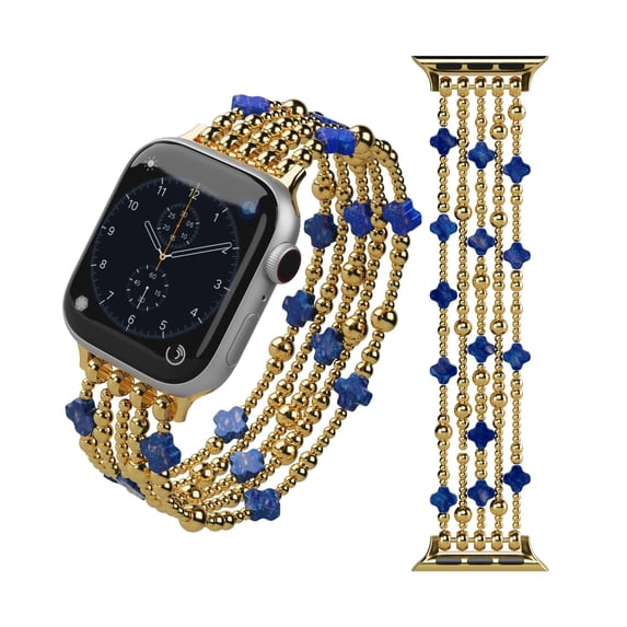 Gold Beaded Bracelet Compatible with Apple Watch Band 42mm/44mm/45mm/49mm/46mm Series 10 9 8 7 SE Women, Fashion Simple Lapis Lazuli Lucky Clover Handmade Stretch Strap for iWatch Series SE