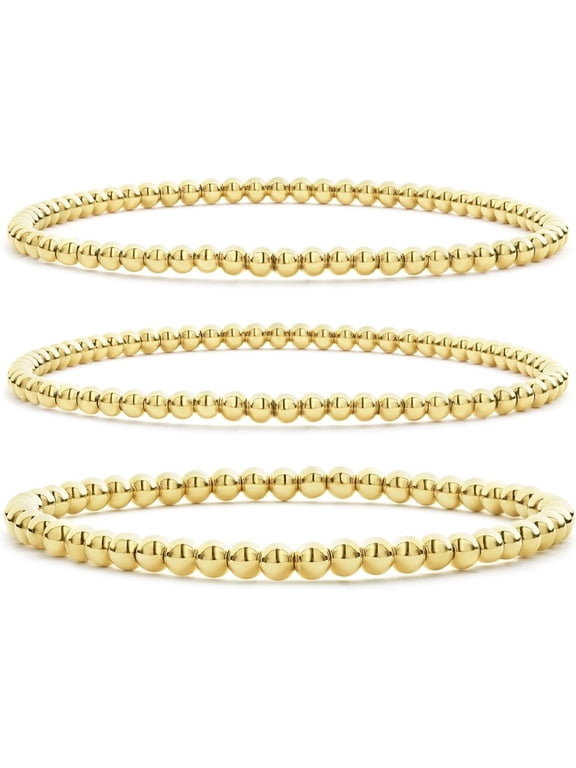 Gold Plated Beaded Bracelet For Women Set 14K Gold Plated Bead Stretch Bracelet Stack Trendy Gold Jewelry For Women