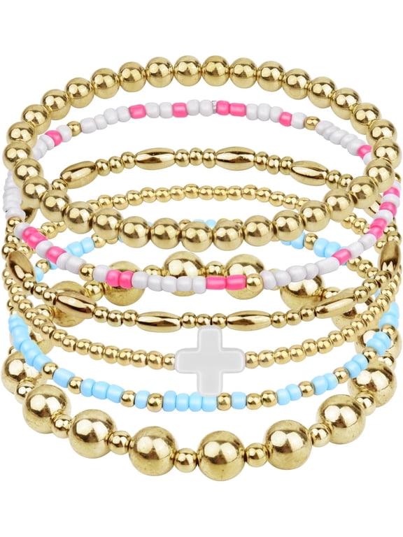 Gold Beaded Bracelets 14K Gold Plated Bracelets for Women Trendy Dainty Gold Ball Bracelet Stack for Womens - Boho Stretch Bracelets Jewelry Sets with Cross Fashion Accessories Gifts for Women