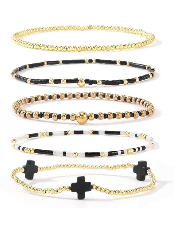 Gold Beaded Bracelets Stack for Women Stackable 14K Gold Plated Beads Ball Cross Bracelet Boho Christian Jewelry Faith Friendship Birthday Gifts for Women