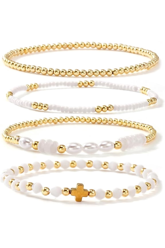 Gold Beaded Bracelets Stack for Women Stackable 14K Gold Plated Beads Ball Cross Bracelet Boho Christian Jewelry Faith Friendship Birthday Gifts for Women