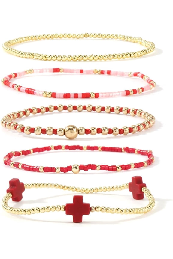 Gold Beaded Bracelets Stack for Women Valentines Day Gifts for Her Stackable 14K Gold Plated Beads Ball Cross Bracelet Boho Christian Jewelry Faith Friendship Birthday Gifts for Women