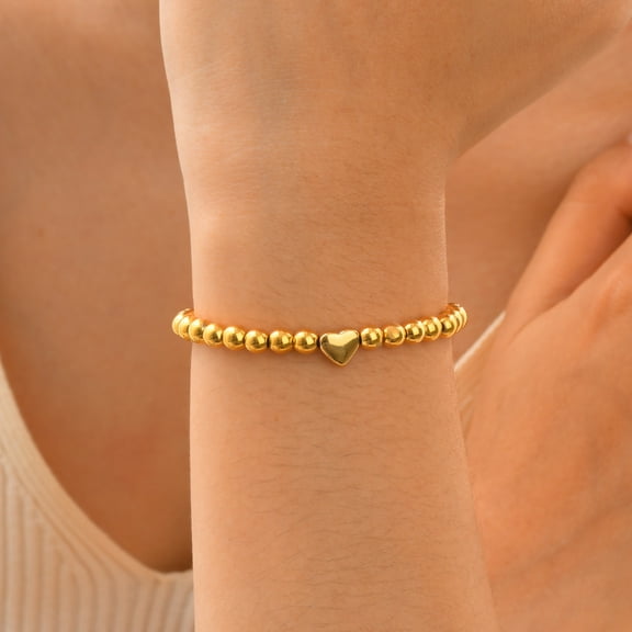 Gold Beaded Bracelets for Women,14K Gold Plated Heart Bracelets Handmade Ball Bead Bracelet Dainty Bracelet for Women Trendy Gold Jewelry Gifts
