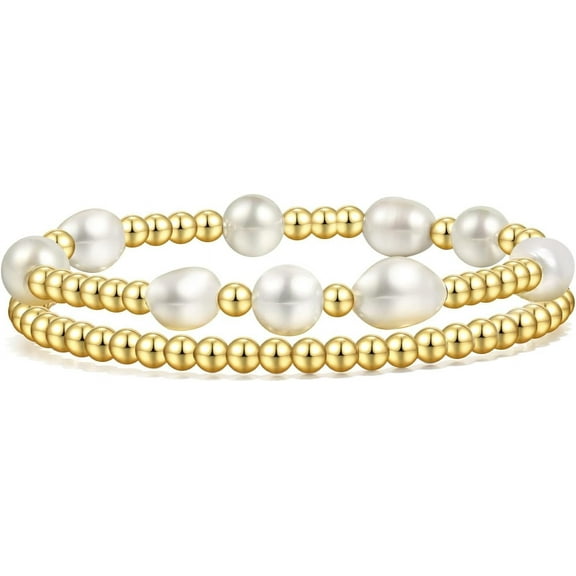 Gold Beaded Bracelets for Women Baroque Pearl Stackable14K Gold Plated Stretch Bead Ball Bracelet Jewelry Gifts