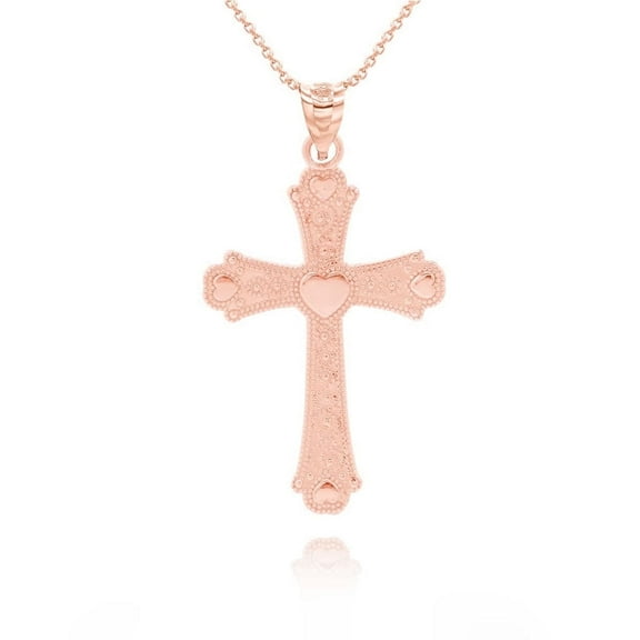 Gold Beaded Filigree Heart Cross Pendant Necklace (Available in Yellow/Rose/White Gold) (10K,Rose Gold,Pendant with 18" chain)