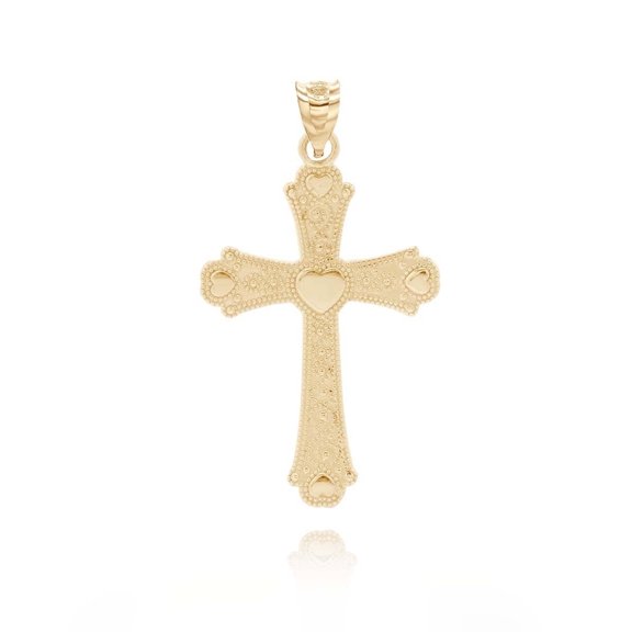 Gold Beaded Filigree Heart Cross Pendant Necklace (Available in Yellow/Rose/White Gold) (14K,Yellow Gold,Pendant only)