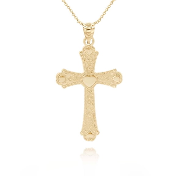 Gold Beaded Filigree Heart Cross Pendant Necklace (Available in Yellow/Rose/White Gold) (14K,Yellow Gold,Pendant with 18" chain)