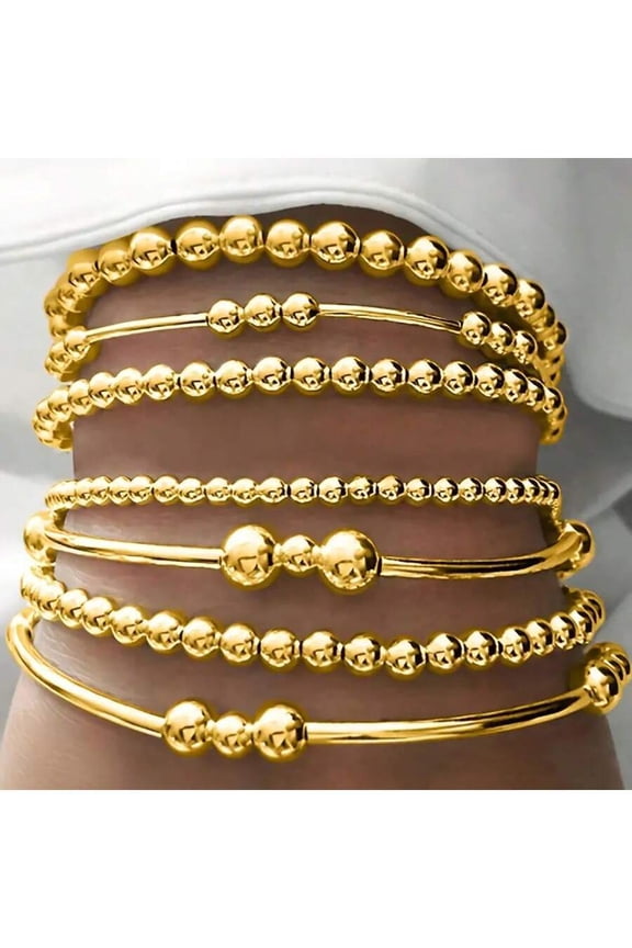 Gold Beaded Layered Bangle Bracelet Set 7 Pieces Fashion Stack