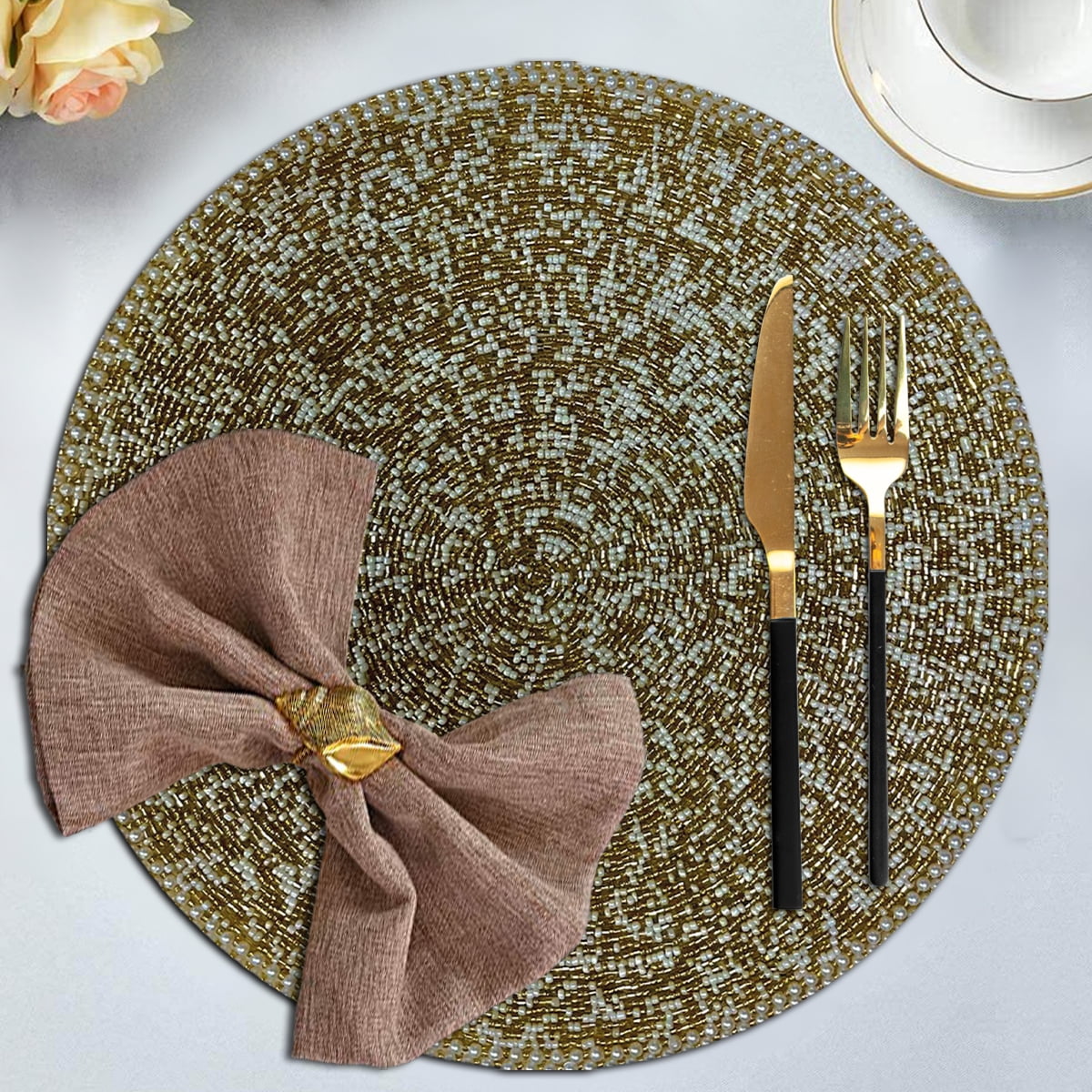 Gold Beaded Placemats Pack of 1 for Dining Coffee Table Scratch Heat Stain Resistant Charger