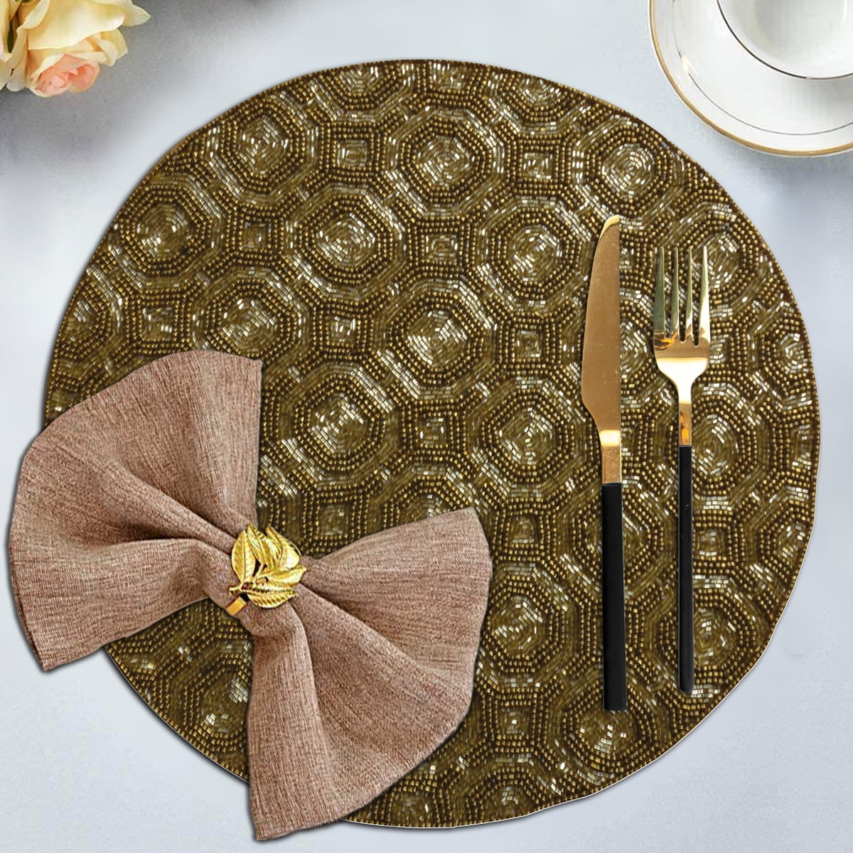 Gold Beaded Placemats Pack of 1 for Dining Coffee Table Scratch Heat