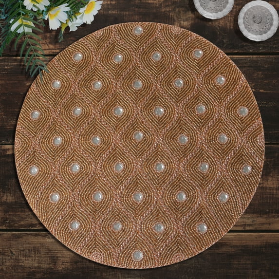 Gold Beaded Placemats Set of 2 for Dining Coffee Table Scratch Heat Stain Resistant Charger Kitchen Decor Durable Tablemats - Fall Autumn Thanksgiving Holiday - 14 Inches