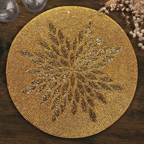 Gold Beaded Placemats Set of 2 for Dining Coffee Table Scratch Heat Stain Resistant Charger Kitchen Decor Durable Tablemats - Fall Autumn Thanksgiving Holiday - 14 Inches