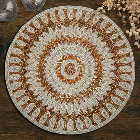 Gold Beaded Placemats Set of 2 for Dining Coffee Table Scratch Heat Stain Resistant Charger Kitchen Decor Durable Tablemats - Fall Autumn Thanksgiving Holiday - 14 Inches