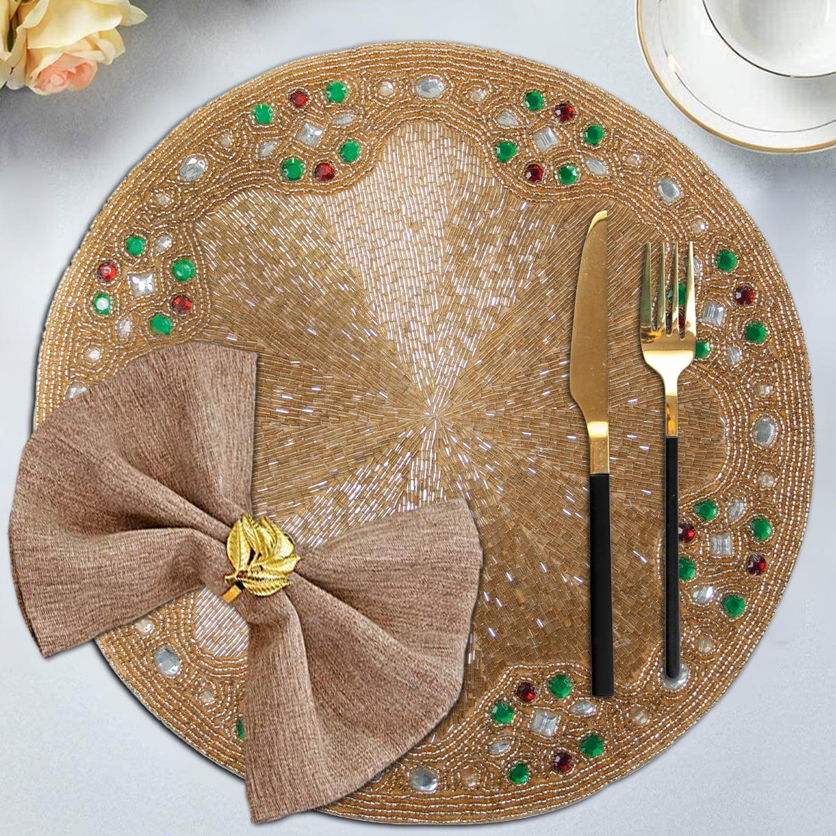 Gold Beaded Placemats Set of 2 for Dining Coffee Table Scratch Heat