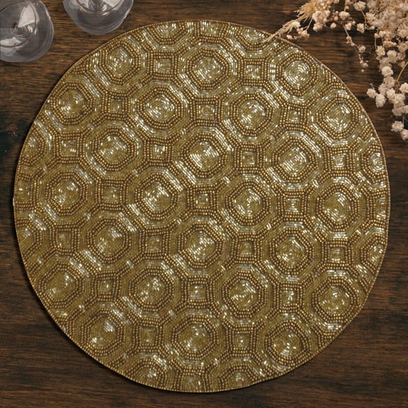 Gold Beaded Placemats Set of 2 for Dining Coffee Table Scratch Heat Stain Resistant Charger Kitchen Decor Durable Tablemats - Fall Autumn Thanksgiving Holiday - 14 Inches