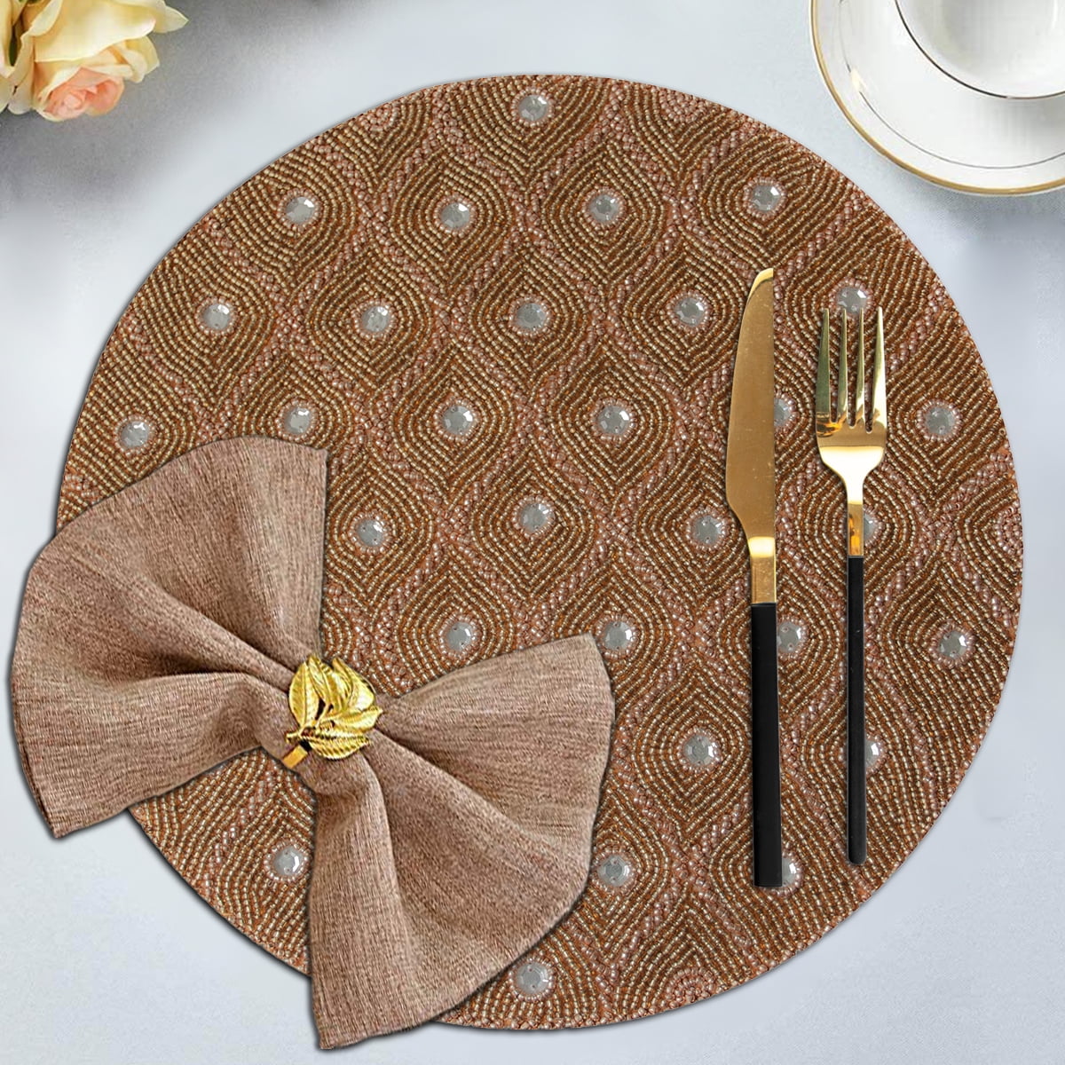 Gold Beaded Placemats Set of 6 for Dining Coffee Table Scratch Heat