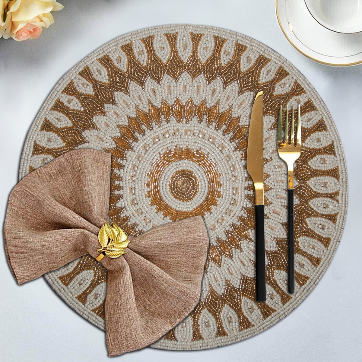 Gold Beaded Placemats Set of 8 for Dining Coffee Table Scratch Heat