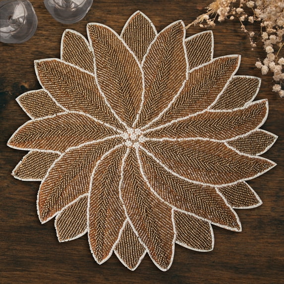 Gold Beaded Placemats Set of 8 for Dining Coffee Table Scratch Heat Stain Resistant Charger Kitchen Decor Durable Tablemats - Fall Autumn Thanksgiving Holiday - 14 Inches