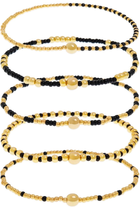 Gold Beaded Stack Bracelets Set For Women, 5Pcs Boho Handmade Small Beads Stackable Stretch Layered Outfit Accessories Jewelry Gift.