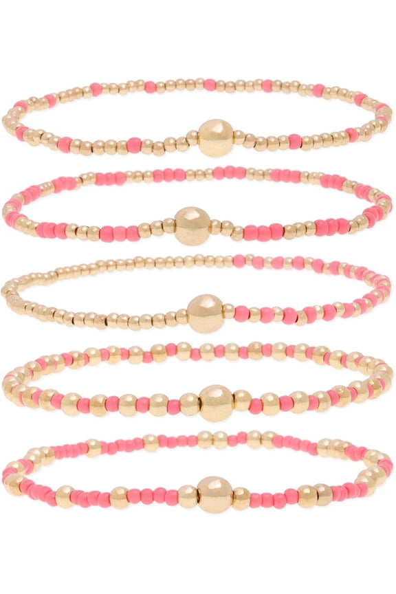 Gold Beaded Stack Bracelets Set For Women, 5Pcs Boho Handmade Small Beads Stackable Stretch Layered Outfit Accessories Jewelry Gift.